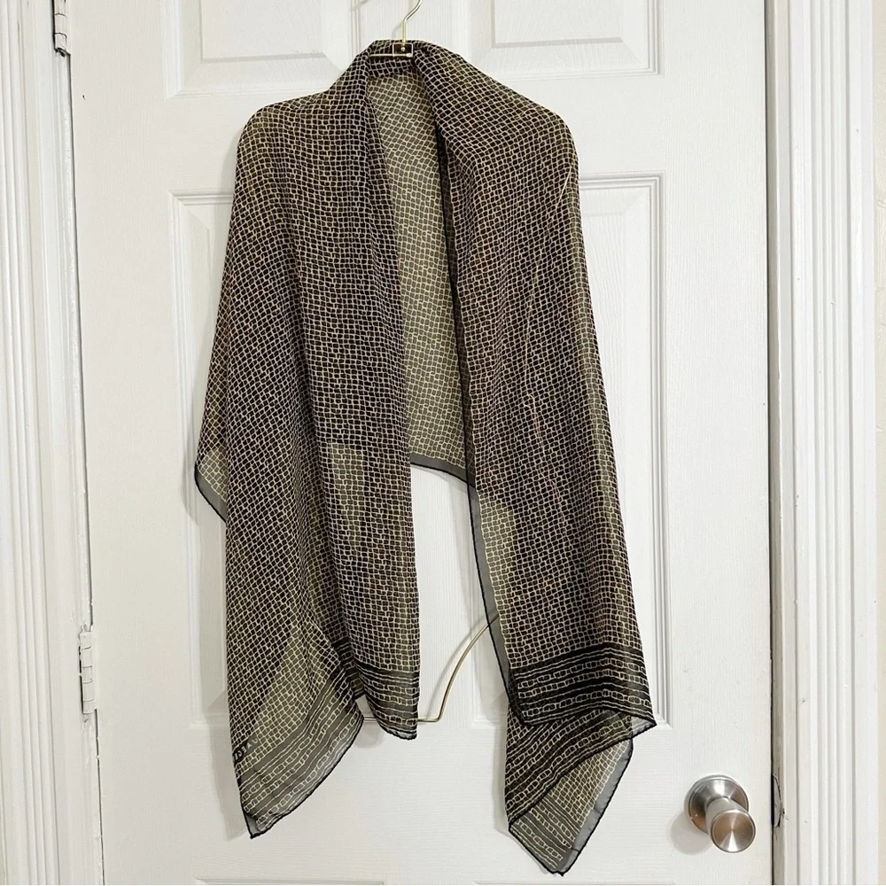 Jaeger London Scarf Black Tan Silk Geometric Grid Mosaic Oblong Large 24x60 Vnt